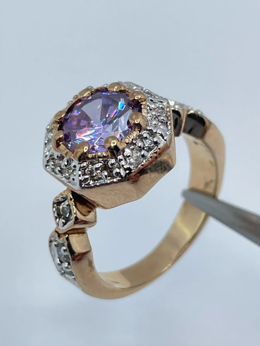 Swarovski Amethyst Purple Crystal Elements Halo Ring Gold Sz 7 Art Deco